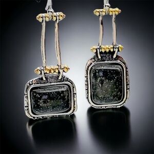 Black Gemstone Two Tone Metal, Hinged Dangle Earrings